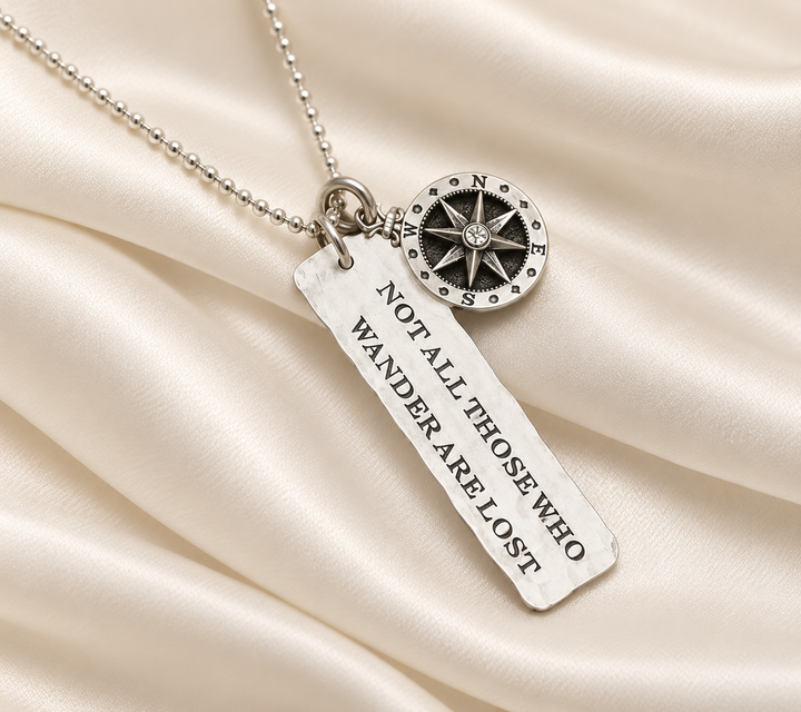 Sterling Silver Compass Necklace - Not All Those Who Wander Are Lost