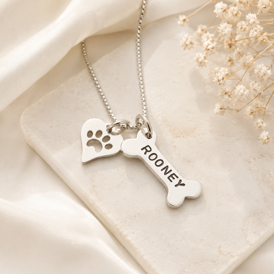 Dog Bone & Heart Necklace in Silver