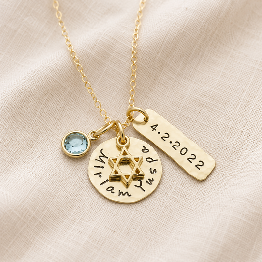 Gold Bat Mitzvah Necklace with Date and Birthstone
