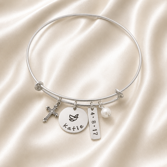 Silver Cross Bangle Bracelet for Confirmation, Communion or Baptism