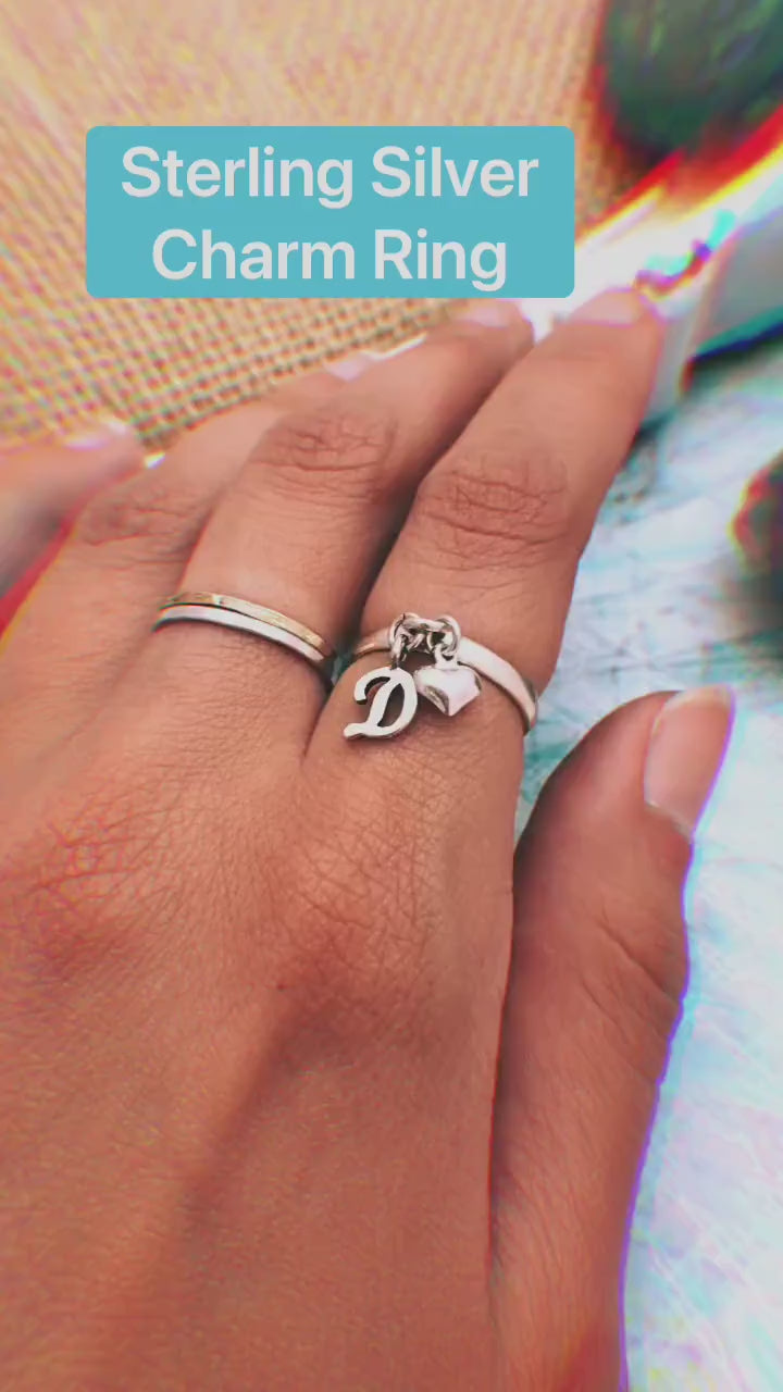 Initial Charm Ring. Sterling Silver Initial Ring. Dangle Ring. Personalized Jewelry. Initial Jewelry.