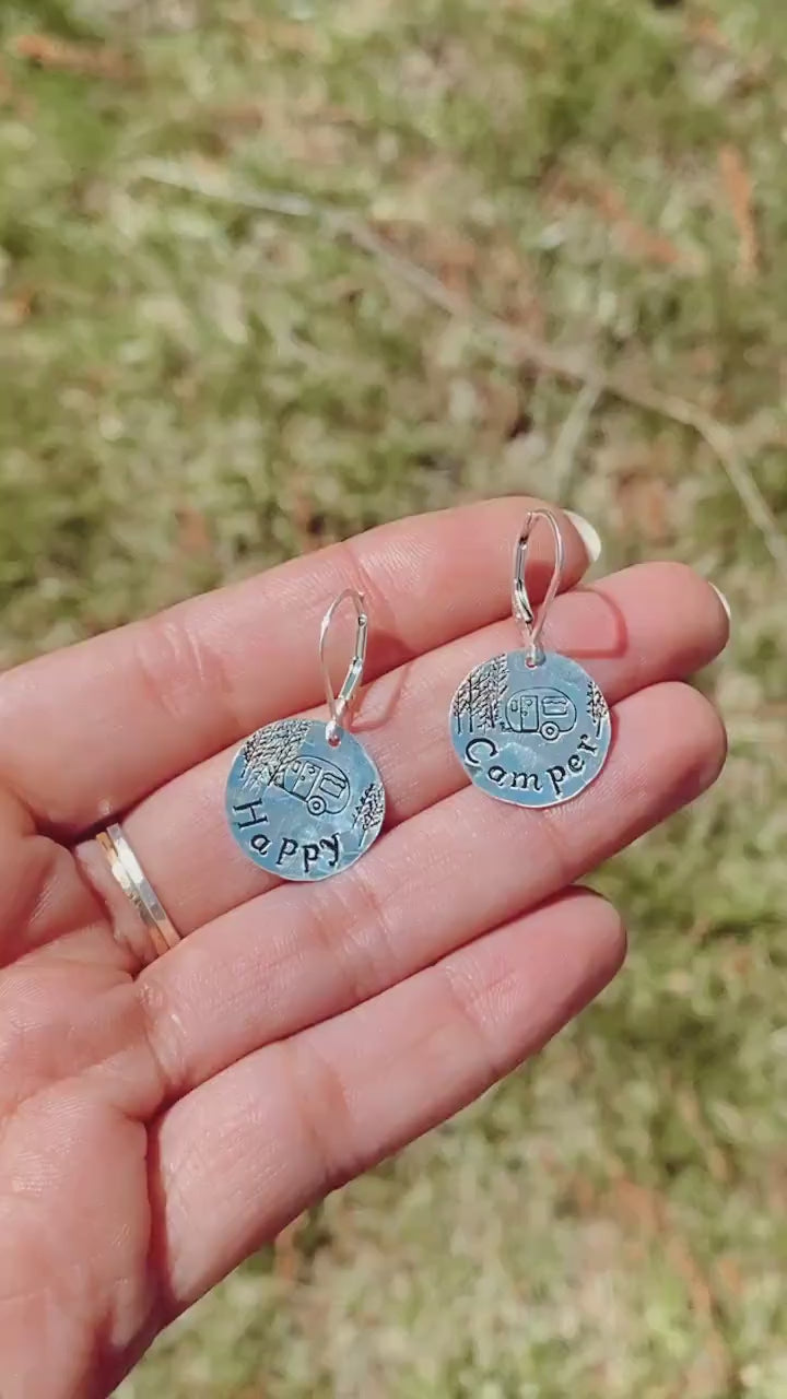 Happy Camper Sterling Silver Earrings, Airstream Camper Jewelry, Hand Stamped Personalized Earrings, Camper Jewelry Camping Gift for Her