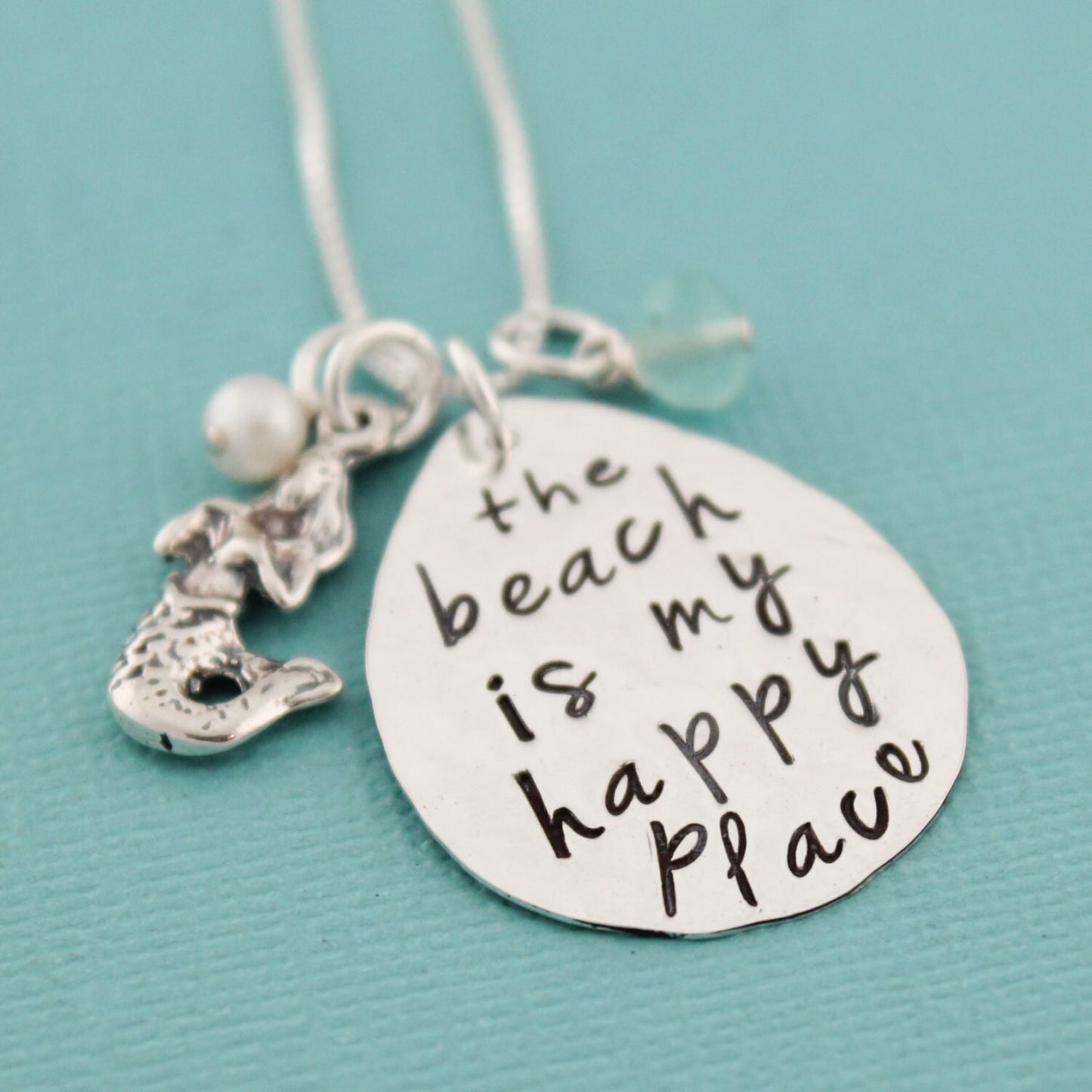 The Beach is My Happy Place Necklace Mermaid Jewelry Hand Stamped Personalized Necklace Beach Vacation Jewelry Cruise Beachwear Necklace