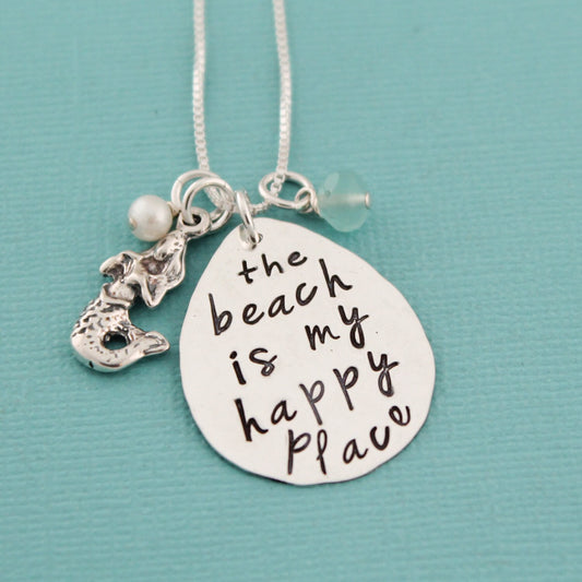 The Beach is My Happy Place Necklace Mermaid Jewelry Hand Stamped Personalized Necklace Beach Vacation Jewelry Cruise Beachwear Necklace