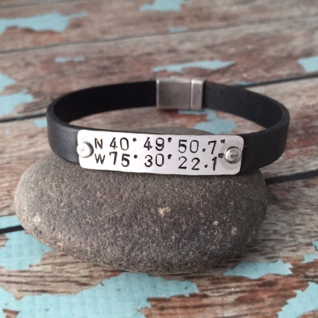 Custom Coordinates Leather Cuff, Unisex Leather Latitude Longitude Bracelet, Personalized Men's Leather Bracelet, 3rd Anniversary Gift