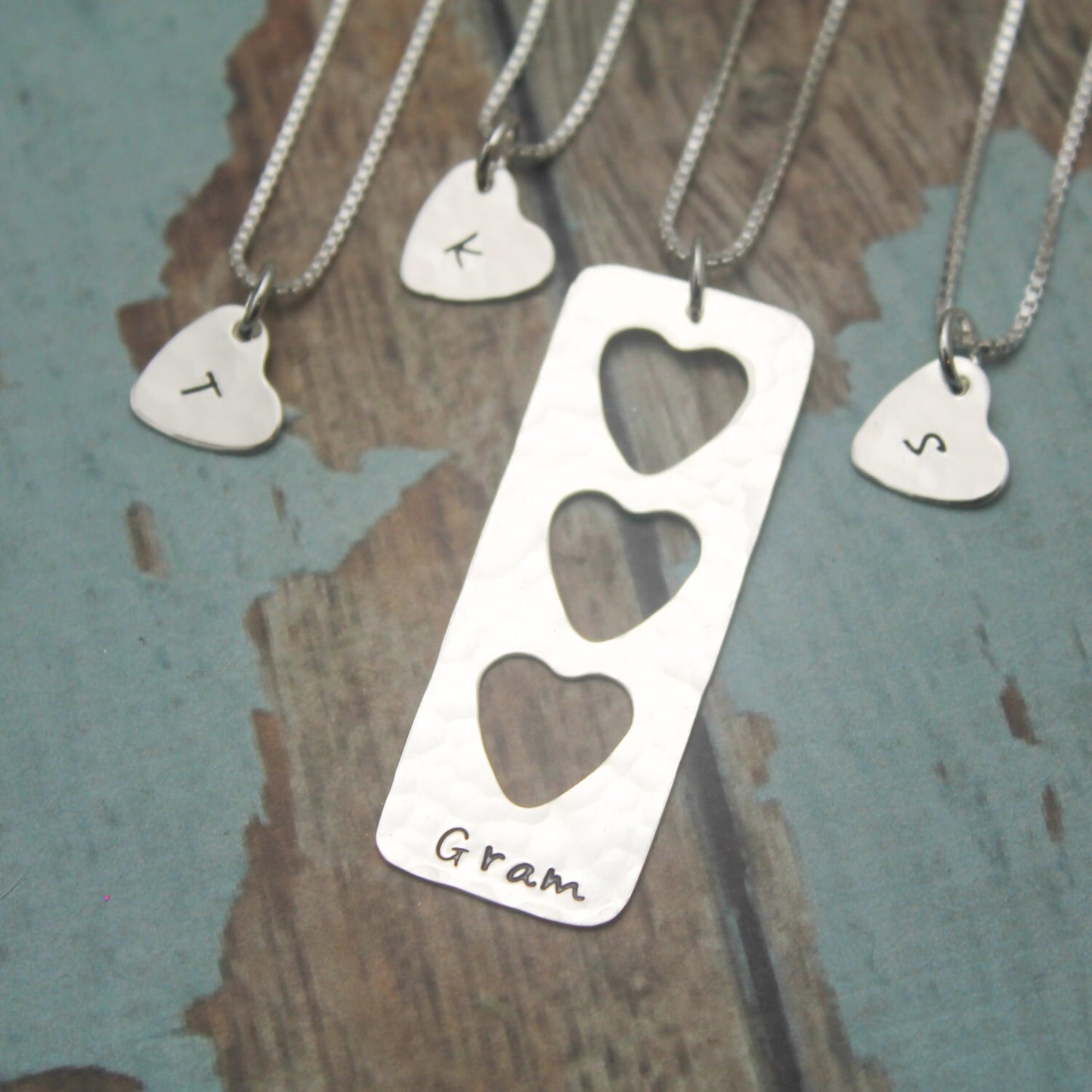 Grandmother Granddaughter Set of 4 Heart Personalized Necklace Set Mother Daughter Heart Necklaces Sterling Silver Personalized Hand Stamped