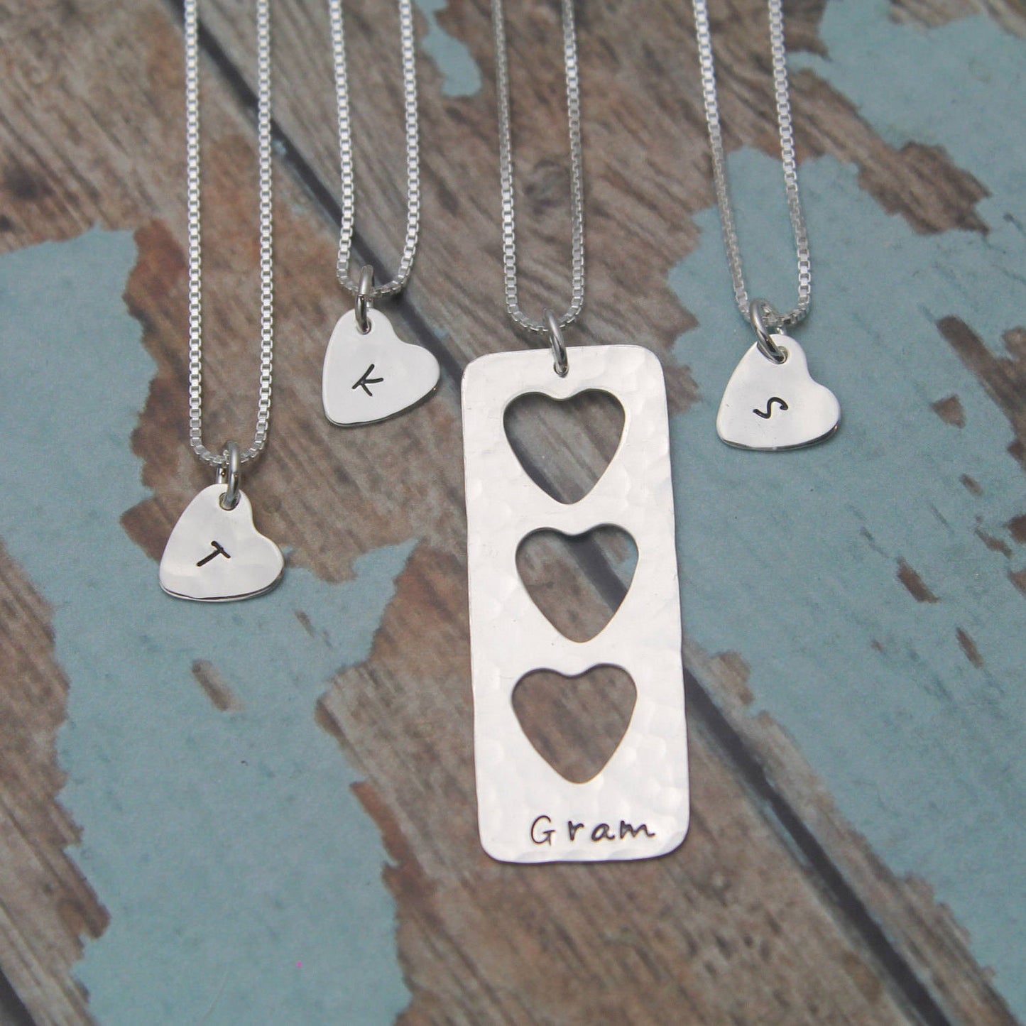 Grandmother Granddaughter Set of 4 Heart Personalized Necklace Set Mother Daughter Heart Necklaces Sterling Silver Personalized Hand Stamped