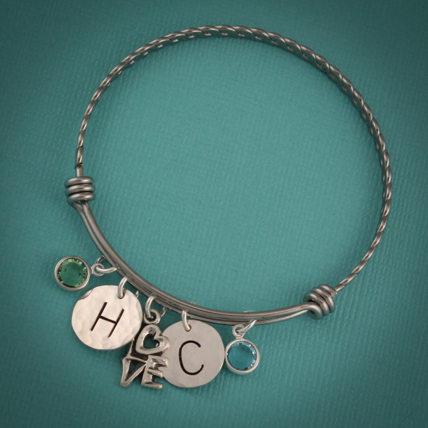 Love Initial Bangle with Birthstones, Engagement Gift Bracelet, Anniversary Gift with Initials, Personalized Bracelet Initials & Birthstones