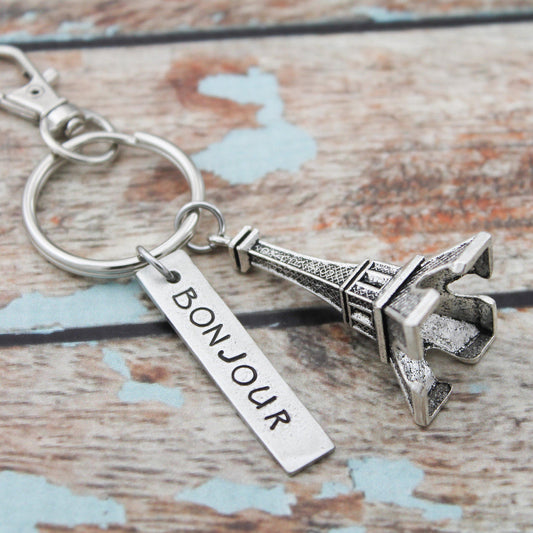 Bonjour Eiffel Tower Keychain, Personalized Hand Stamped France Key Chain, Paris Keychain, Gift for Him, Gift for Her, Travel Keychain