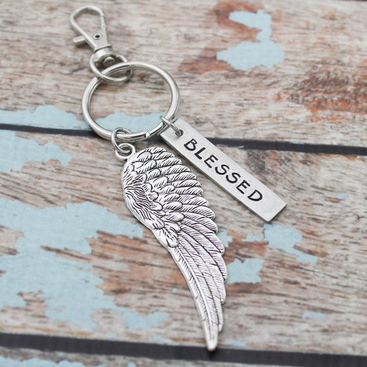 Blessed Angel Wing Keychain, Personalized Hand Stamped Inspirational Keychain, Gift for Her, Inspirational Key chain, Bird Wing Keychain