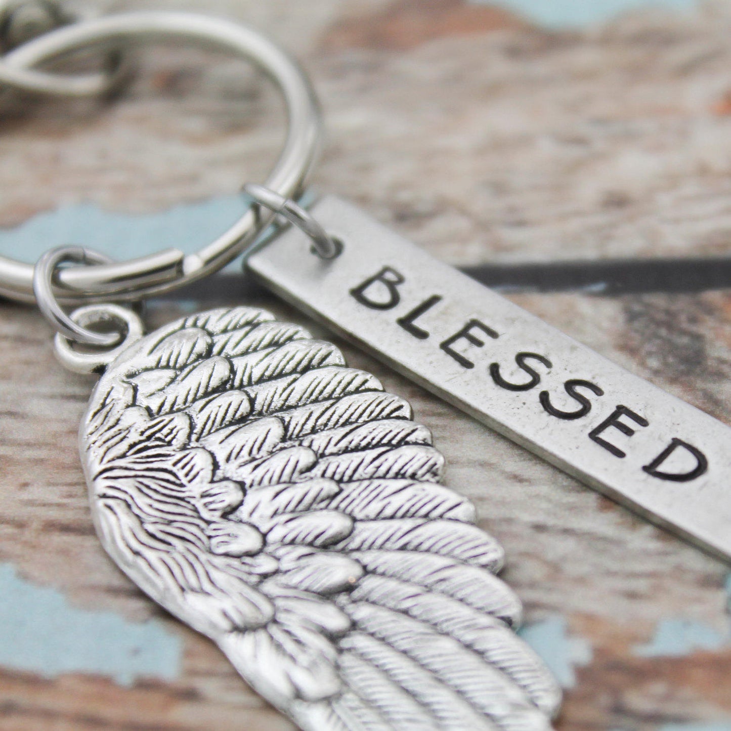 Blessed Angel Wing Keychain, Personalized Hand Stamped Inspirational Keychain, Gift for Her, Inspirational Key chain, Bird Wing Keychain