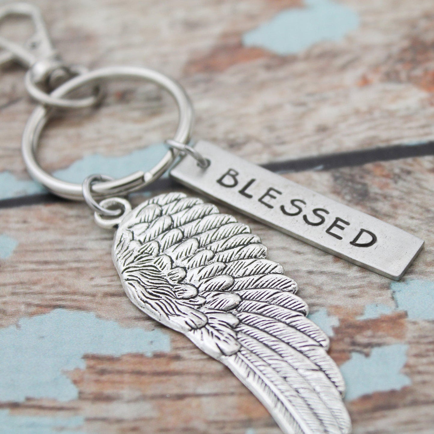 Blessed Angel Wing Keychain, Personalized Hand Stamped Inspirational Keychain, Gift for Her, Inspirational Key chain, Bird Wing Keychain