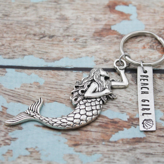 Beach Gift Mermaid Keychain, Personalized Hand Stamped Beach Keychain, Gift for Her, Resort Key chain, Nautical Key Fob