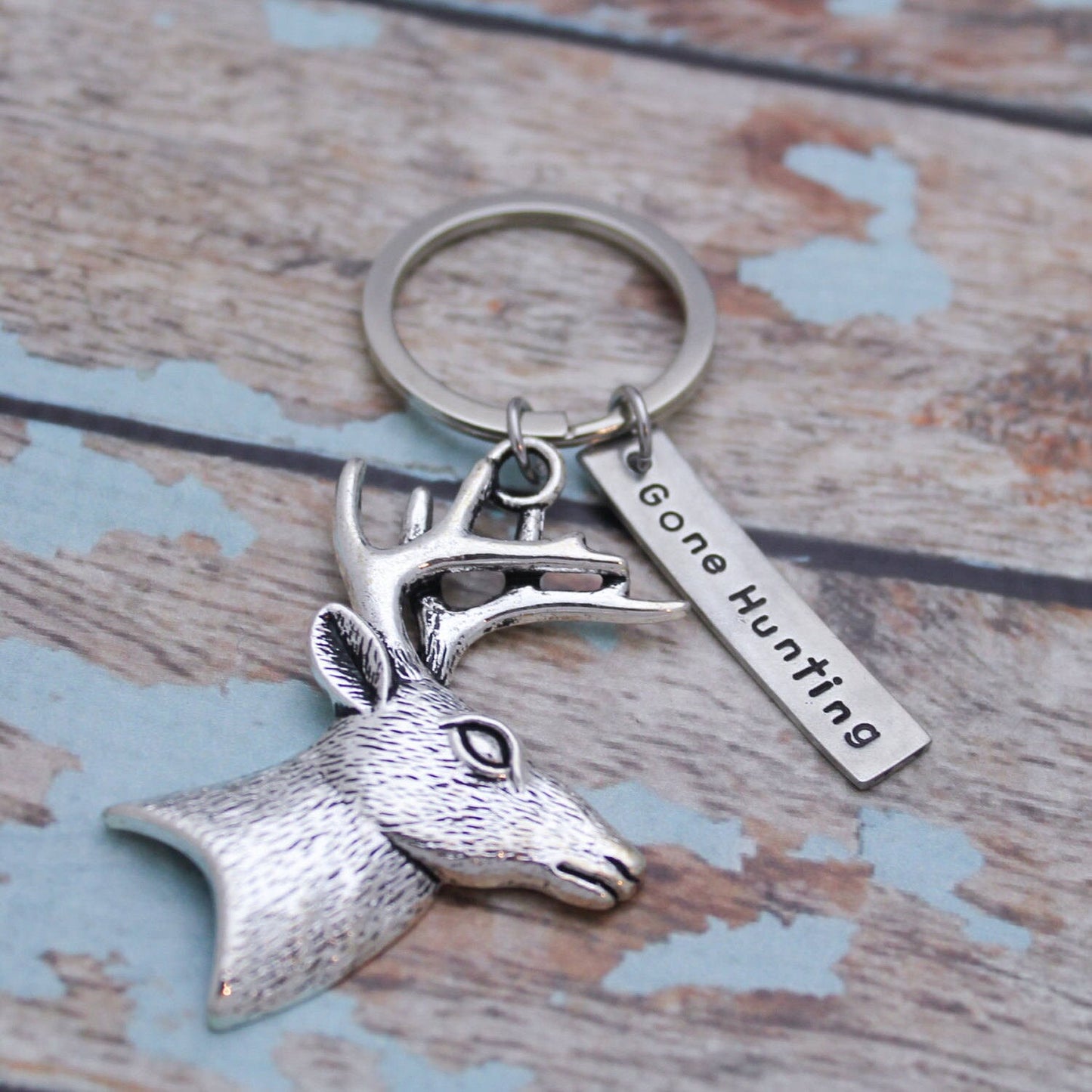 Gone Hunting Deer Buck Keychain, Personalized Hand Stamped Deer Keychain, Gift for Him, Hunting Gift, Gift for Hunter, Deer Key Chain