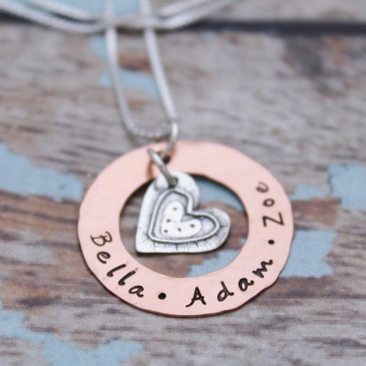 Personalized Heart Washer Necklace, Mother's Necklace, Copper or Sterling Silver Washer Necklace, Customized Mommy Jewelry, Hand Stamped