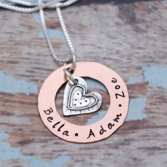 Personalized Heart Washer Necklace, Mother's Necklace, Copper or Sterling Silver Washer Necklace, Customized Mommy Jewelry, Hand Stamped