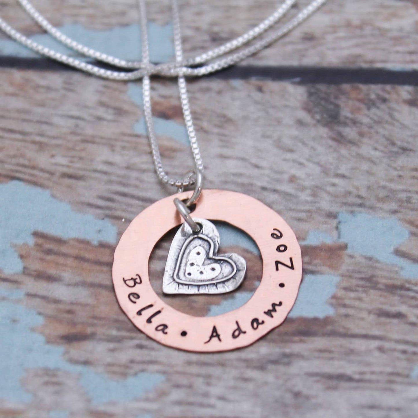 Personalized Heart Washer Necklace, Mother's Necklace, Copper or Sterling Silver Washer Necklace, Customized Mommy Jewelry, Hand Stamped