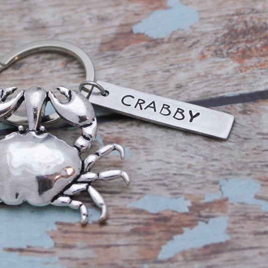 Personalized Crab Key Chain, Crab Keychain, Crabby Key Chain, Personalized Gifts for Him, Customized Gift for Her, Hand Stamped Key Chain