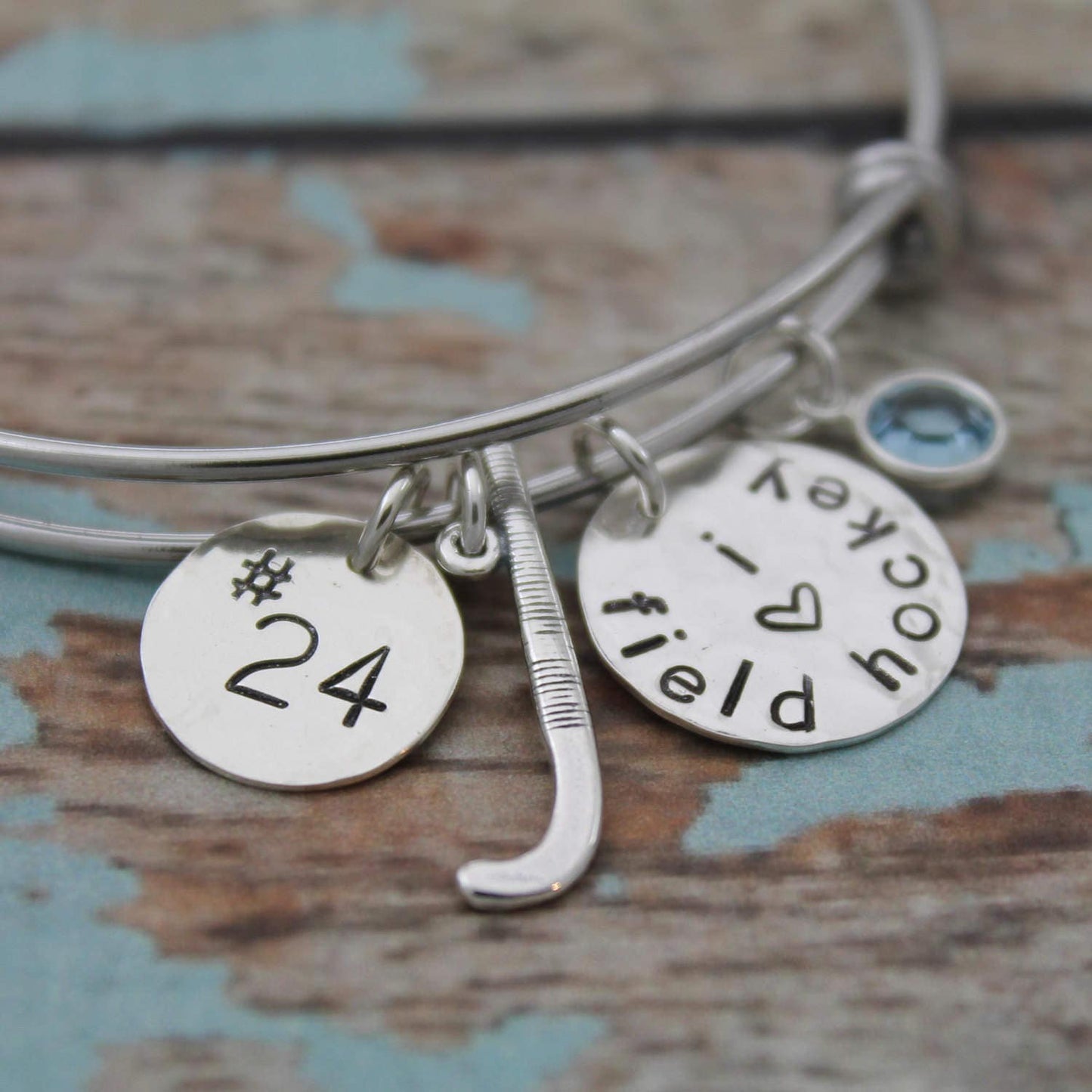 Personalized Field Hockey Bangle, Field Hockey Bracelet, Field Hockey Team Jewelry, Field Hockey Player Bangle, Hand Stamped Jewelry