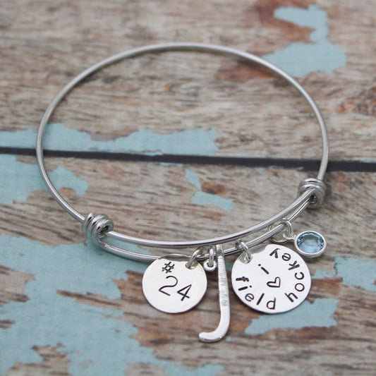 Personalized Field Hockey Bangle, Field Hockey Bracelet, Field Hockey Team Jewelry, Field Hockey Player Bangle, Hand Stamped Jewelry