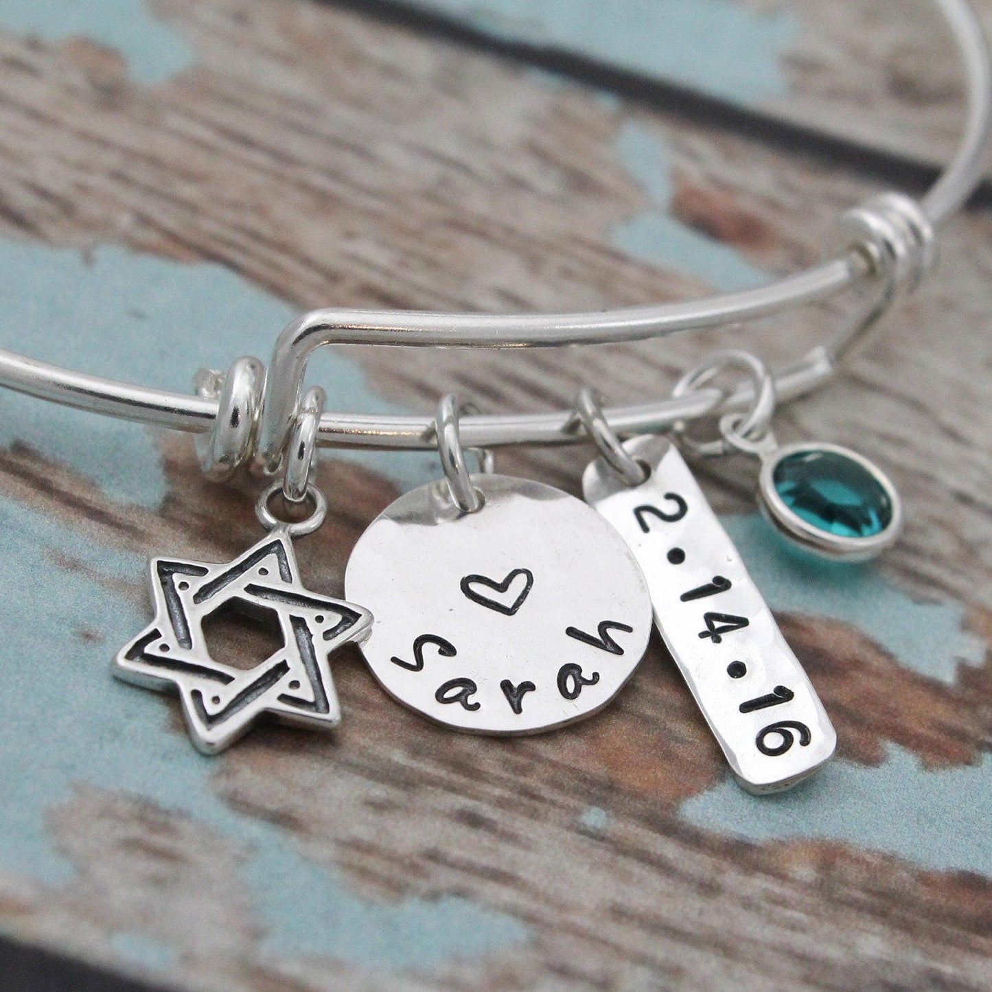 Bat Mitzvah Bracelet with Name, Date & Birthstone, Personalized Bat Mitzvah Bangle, Bat Mitzvah Gift, Hand Stamped Jewelry, .925 Silver