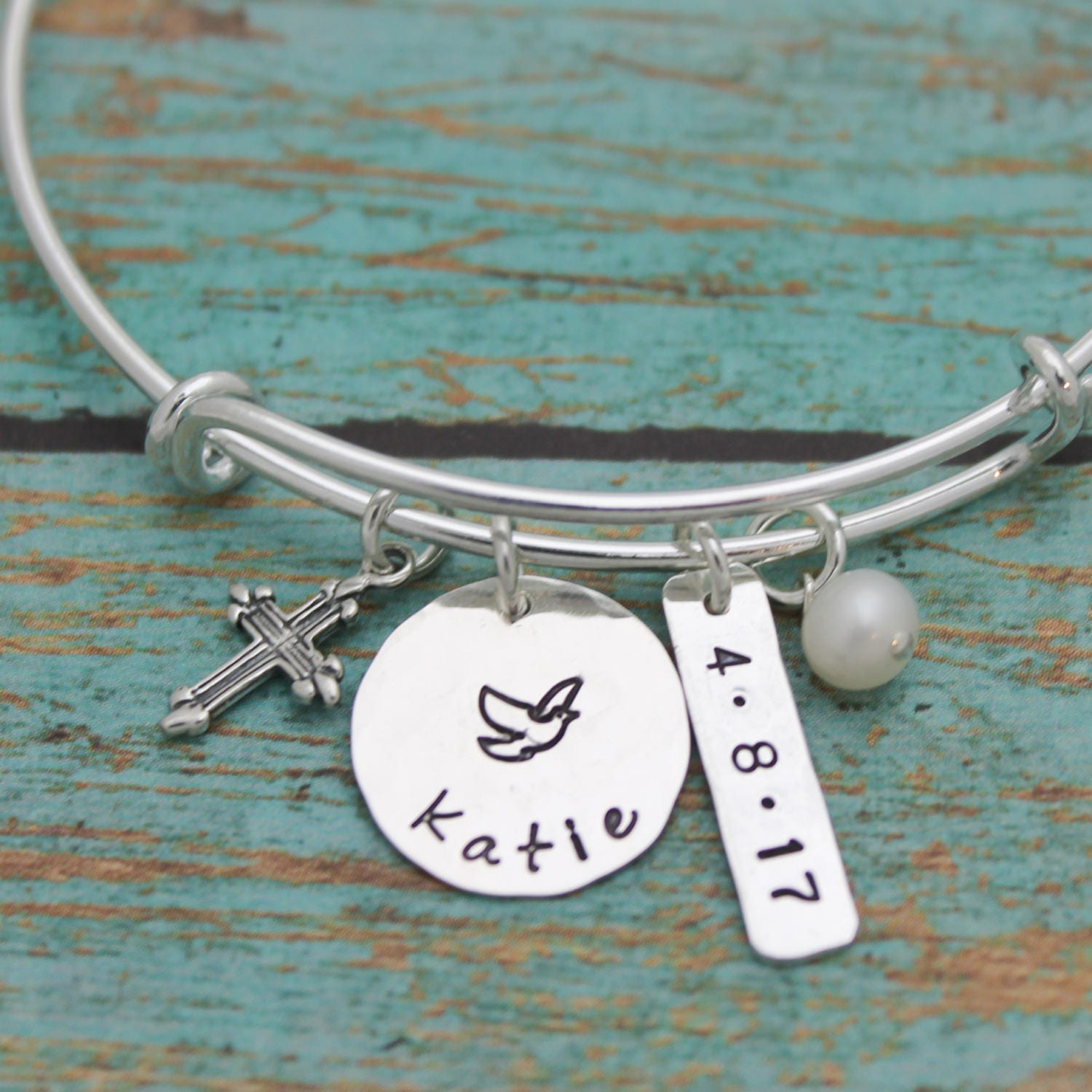 Personalized Confirmation Bangle, Communion Bracelet, Confirmation Gift, with Date Cross Dove Adjustable Bangle Hand Stamped Sterling Silver