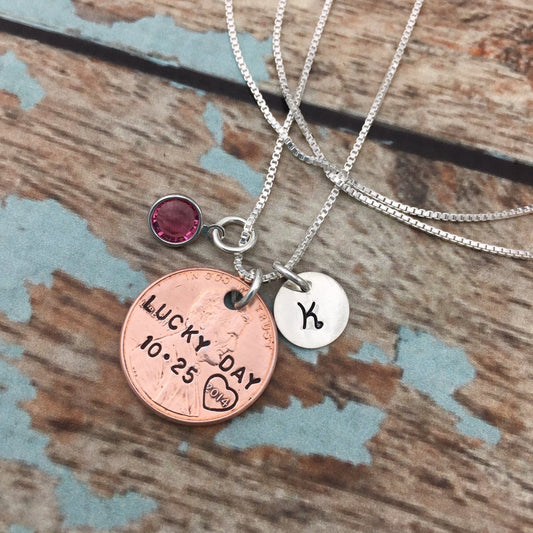 Lucky Penny Necklace, Choose Your Penny Year, Personalized, Sterling Silver Necklace with Initial and Birthstone,  Hand Stamped Jewelry
