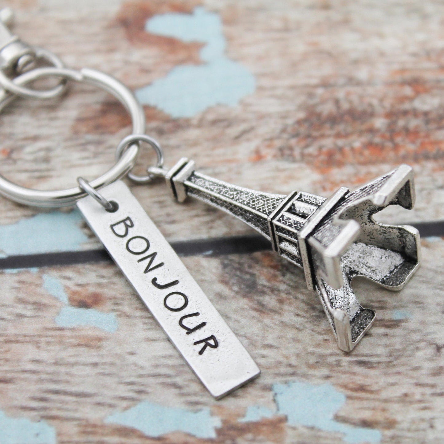 Bonjour Eiffel Tower Keychain, Personalized Hand Stamped France Key Chain, Paris Keychain, Gift for Him, Gift for Her, Travel Keychain
