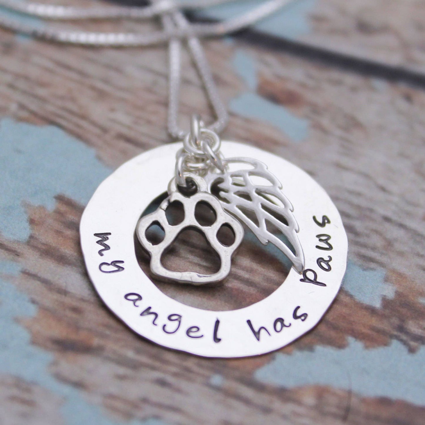 My Angel Has Paws Necklace, Pet Remembrance Jewelry, Pet Memorial Jewelry, Sterling Silver Angel Wing & Paw, Pet Loss Necklace, Hand Stamped