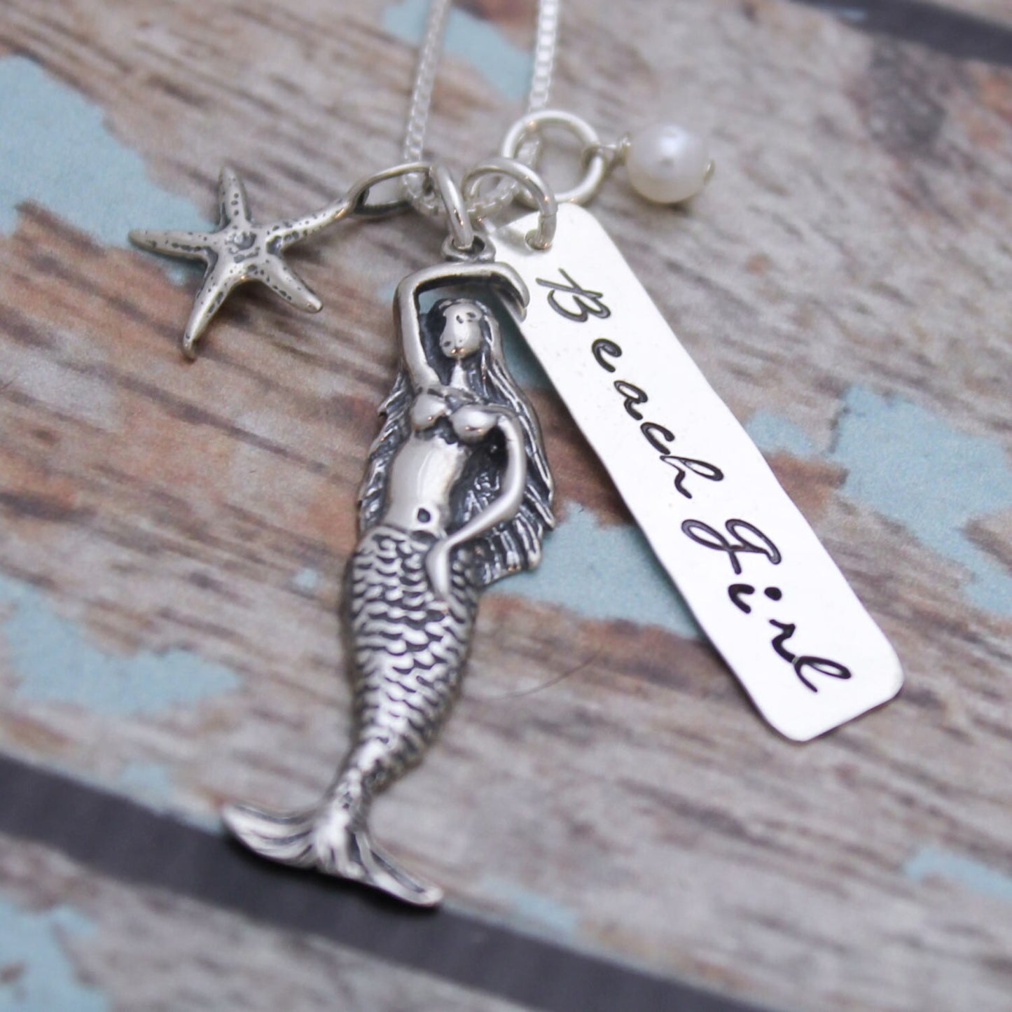 Beach Girl Necklace, Mermaid Necklace, Beach Girl Jewelry, Mermaid Jewelry, Starfish Necklace, Vacation Cruise Sterling Silver Hand Stamped