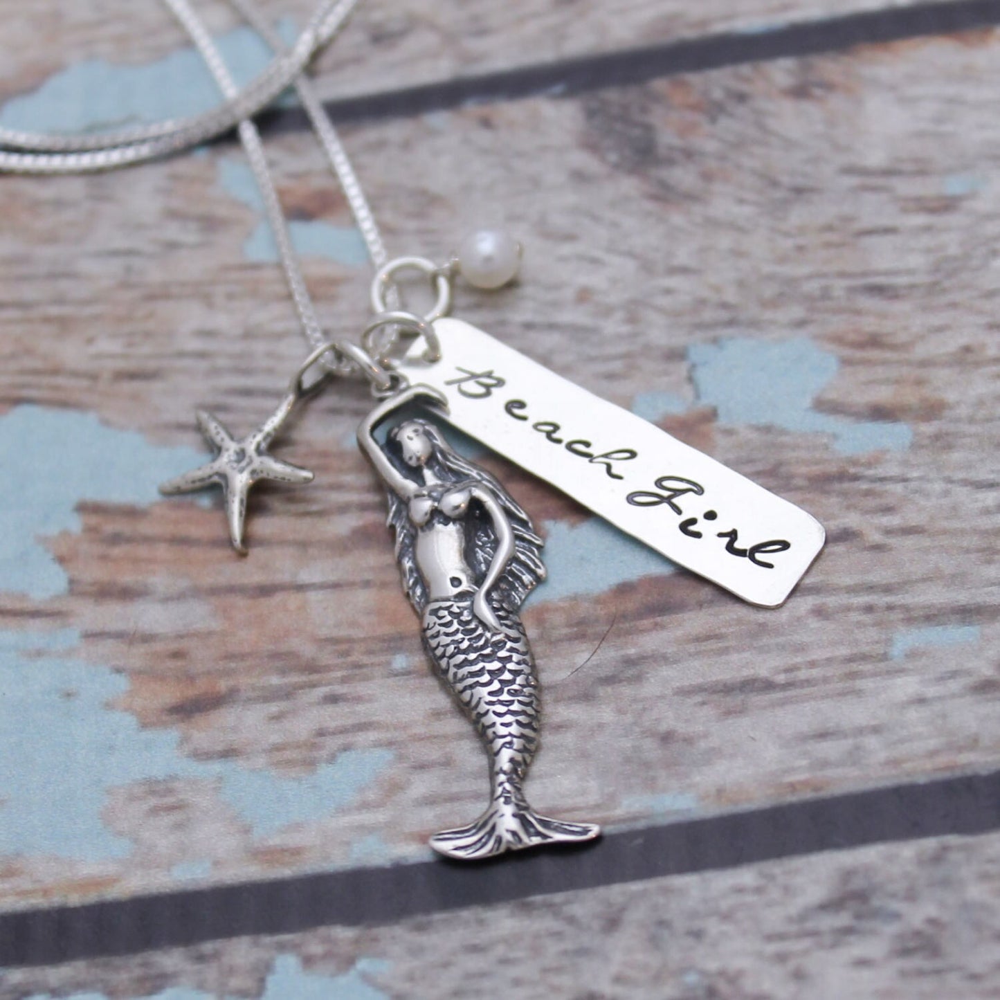 Beach Girl Necklace, Mermaid Necklace, Beach Girl Jewelry, Mermaid Jewelry, Starfish Necklace, Vacation Cruise Sterling Silver Hand Stamped
