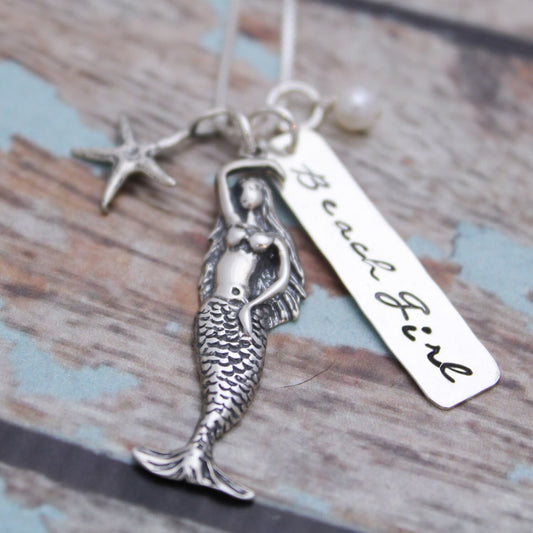 Beach Girl Necklace, Mermaid Necklace, Beach Girl Jewelry, Mermaid Jewelry, Starfish Necklace, Vacation Cruise Sterling Silver Hand Stamped