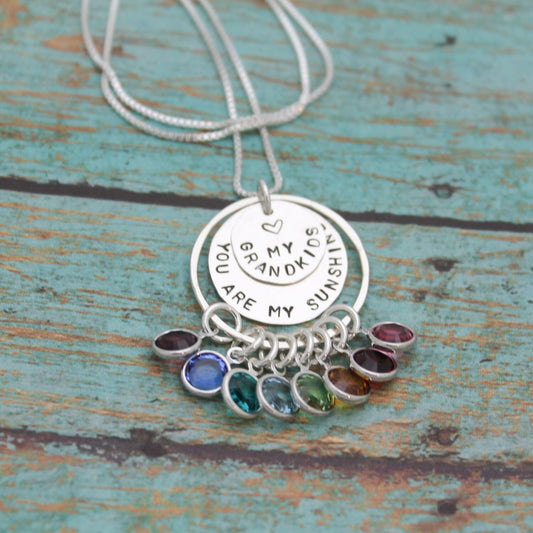 Personalized Grandmother Necklace, You Are My Sunshine Grandma Necklace, Hand Stamped Jewelry, Grandchildren Birthstones, Gifts for Her