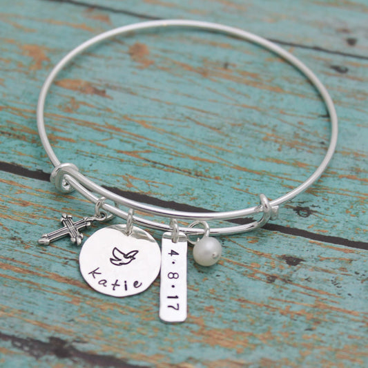 Personalized Confirmation Bangle, Communion Bracelet, Confirmation Gift, with Date Cross Dove Adjustable Bangle Hand Stamped Sterling Silver
