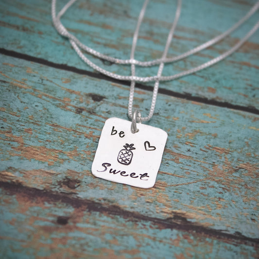 Be Sweet Pineapple Necklace, Pineapple Jewelry, Sterling Silver Pineapple Necklace, BFF Gift, Cute Pineapple Gift,  Hand Stamped Jewelry