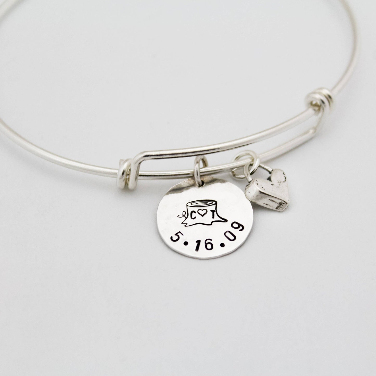 Valentine's Day Gift Bracelet, Engagement Gift Bangle, Initials & Date Bangle, Wedding Bracelet, Tree Stump Bracelet, Initial Date Bracelet