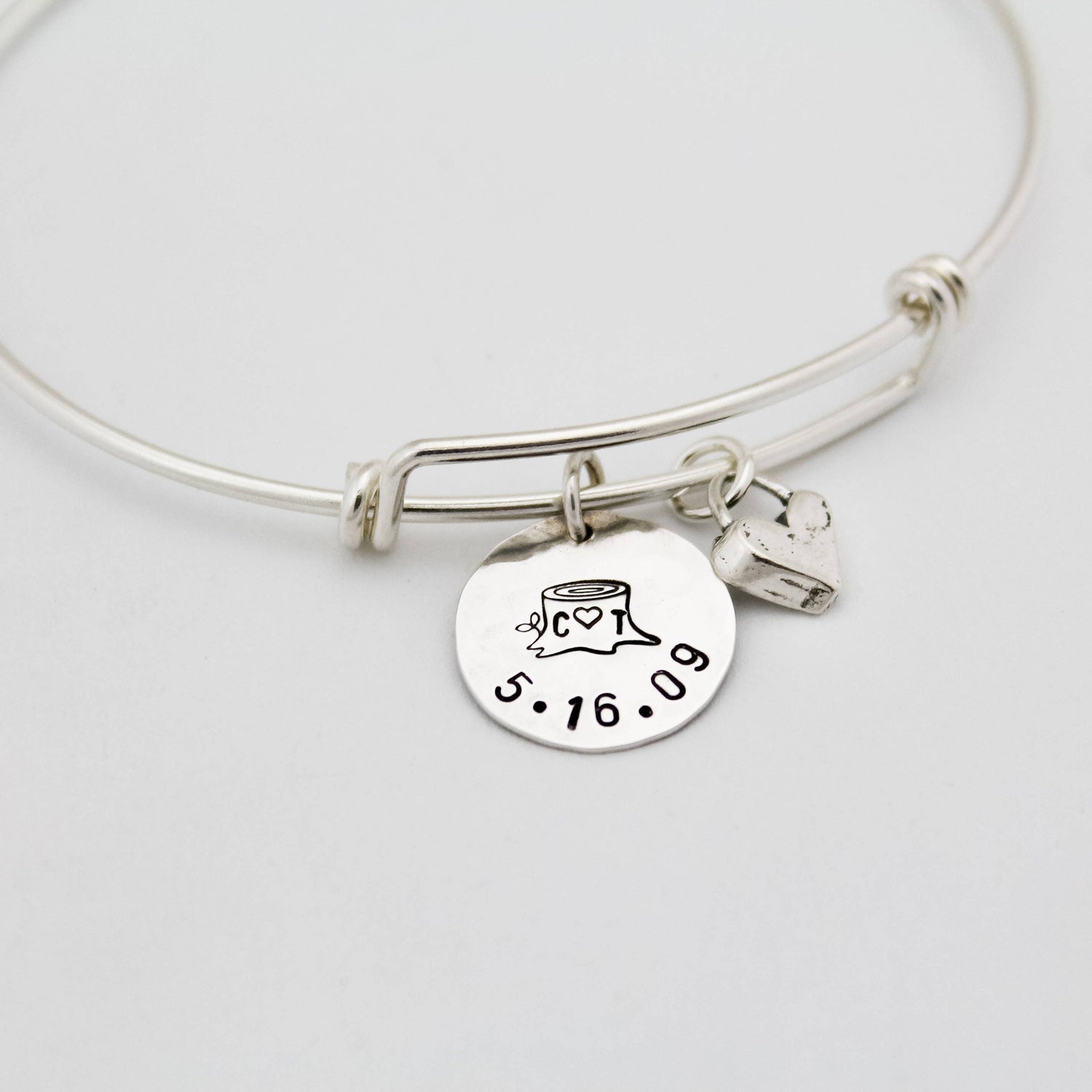 Valentine's Day Gift Bracelet, Engagement Gift Bangle, Initials & Date Bangle, Wedding Bracelet, Tree Stump Bracelet, Initial Date Bracelet