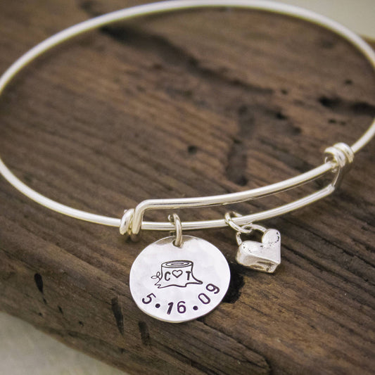 Valentine's Day Gift Bracelet, Engagement Gift Bangle, Initials & Date Bangle, Wedding Bracelet, Tree Stump Bracelet, Initial Date Bracelet