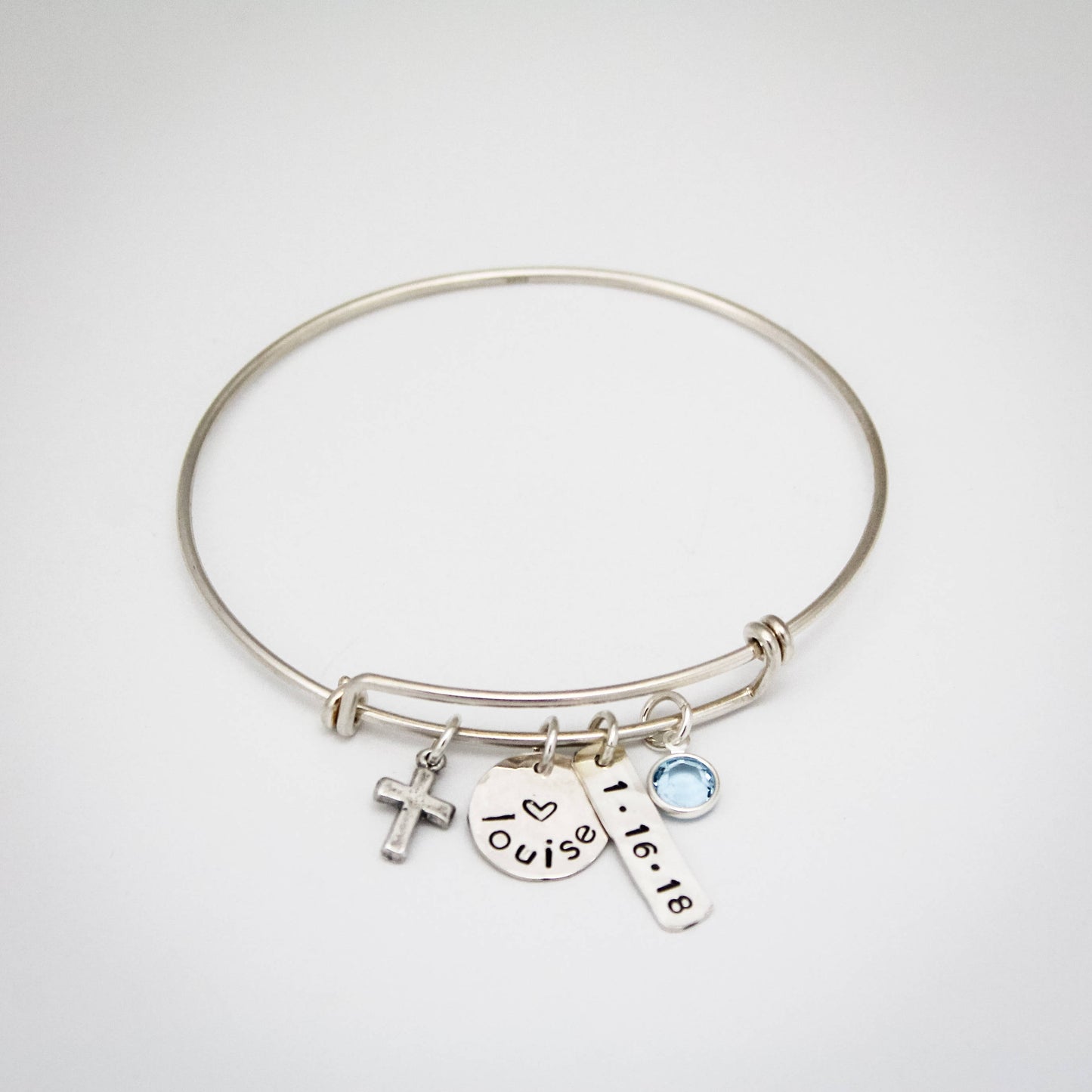 Personalized Confirmation Bangle, Communion Bracelet, Confirmation Gift, with Date Cross Adjustable Bangle Hand Stamped Sterling Silver