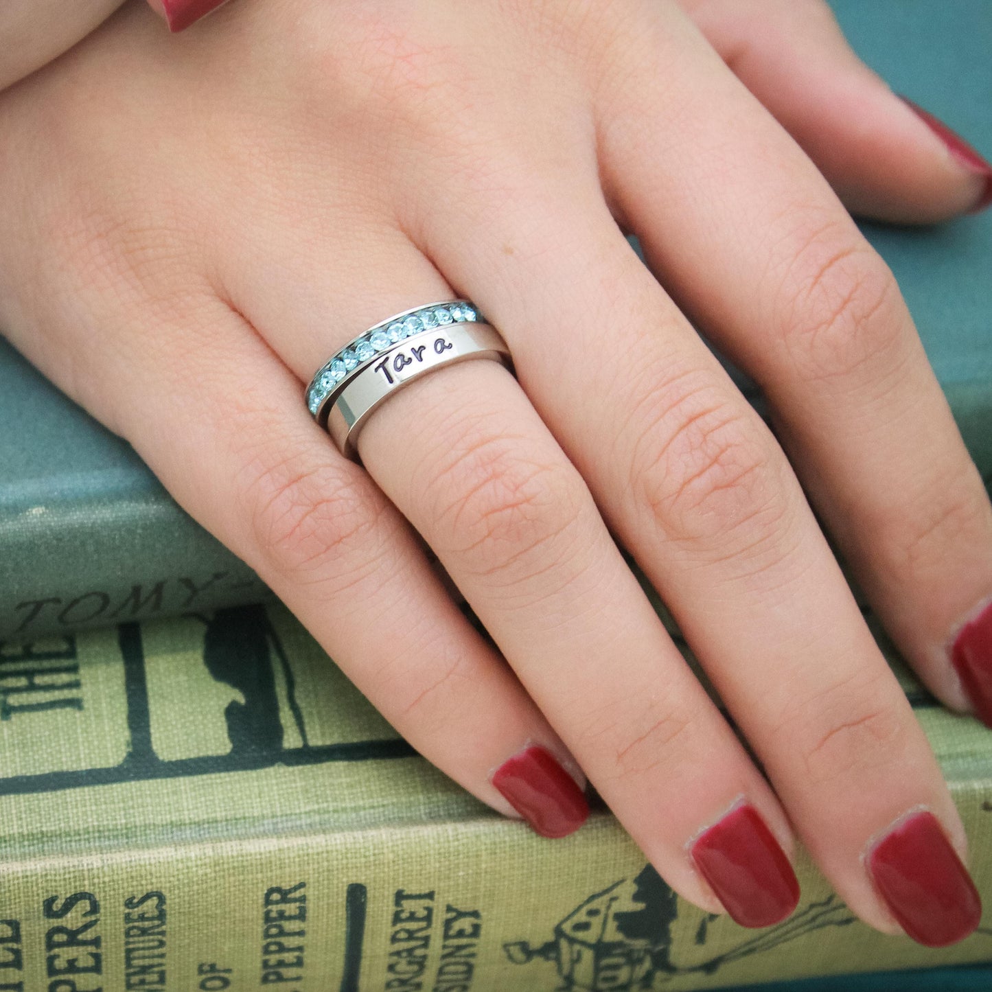 Personalized Stacking Birthstone Ring, Customized Silver Ring, Hand Stamped Stainless Steel Name Ring, Silver Personalized Ring