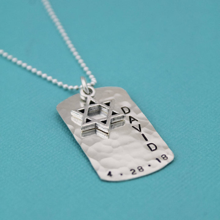Personalized Boys Bar Mitzvah Necklace Sterling Silver, Personalized Star of David Necklace, Custom Bar Mitzvah Dog Tag Charm, Hand Stamped