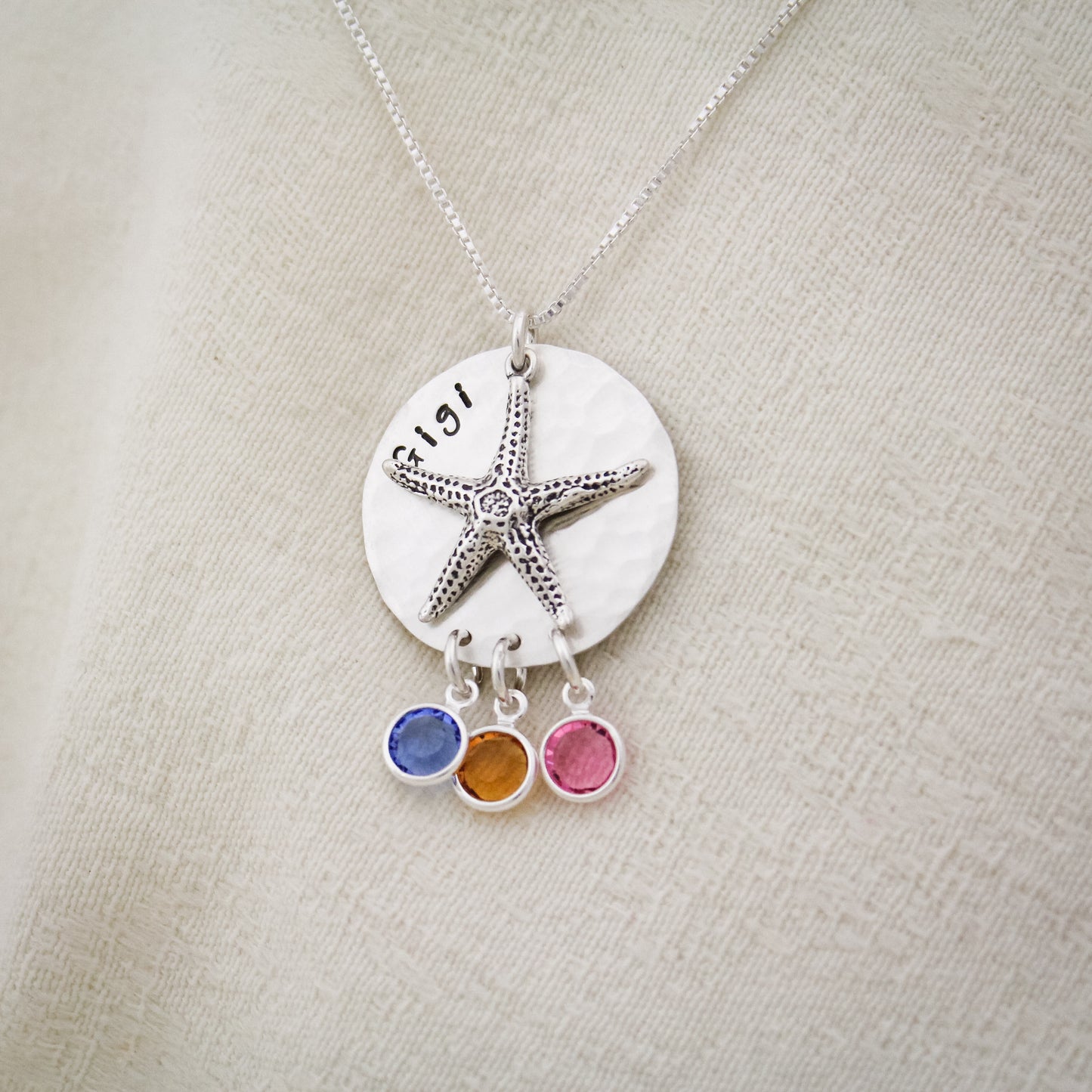 Personalized Starfish Grandma Mom Necklace with Birthstone, Beach Grandmother Necklace, Starfish Mother Necklace, Hand Stamped Jewelry