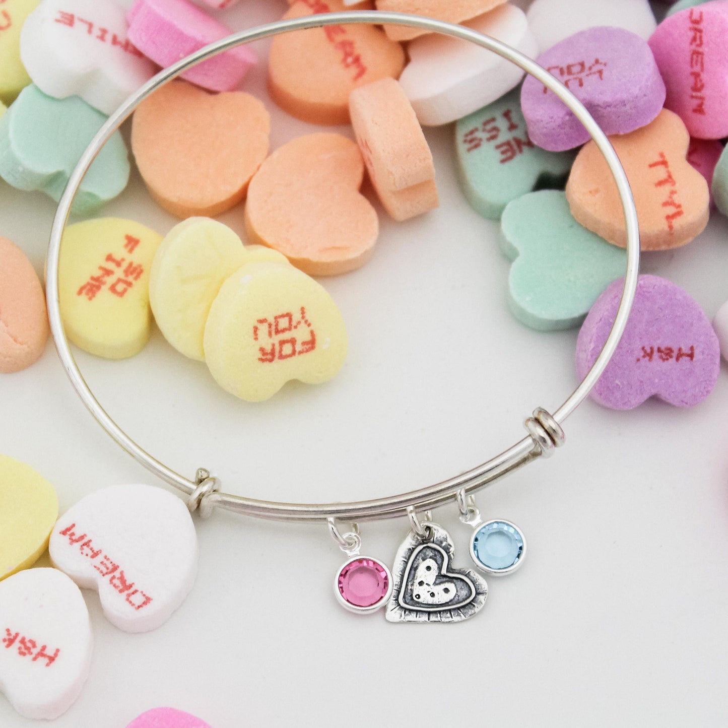 Heart Bangle Bracelet with Birthstones, Heart Jewelry, Valentine's Day Gift Bracelet, Engagement Gift, Galentine's Day Gift, Gifts for Her