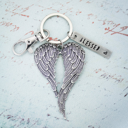 Angel Wing Key Chain, Angel Wing Blessed Heart KeyChain, Angel Wing Key Fob, Angel Key Ring, Double Angel Wings, Hand Stamped Personalized