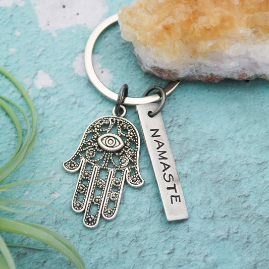 Namaste Hamsa Hand Evil Eye Key Chain, Yoga Teacher Gift, Yoga Gift, Yoga Jewelry, Breathe Keychain, Hand Stamped Personalized Jewelry
