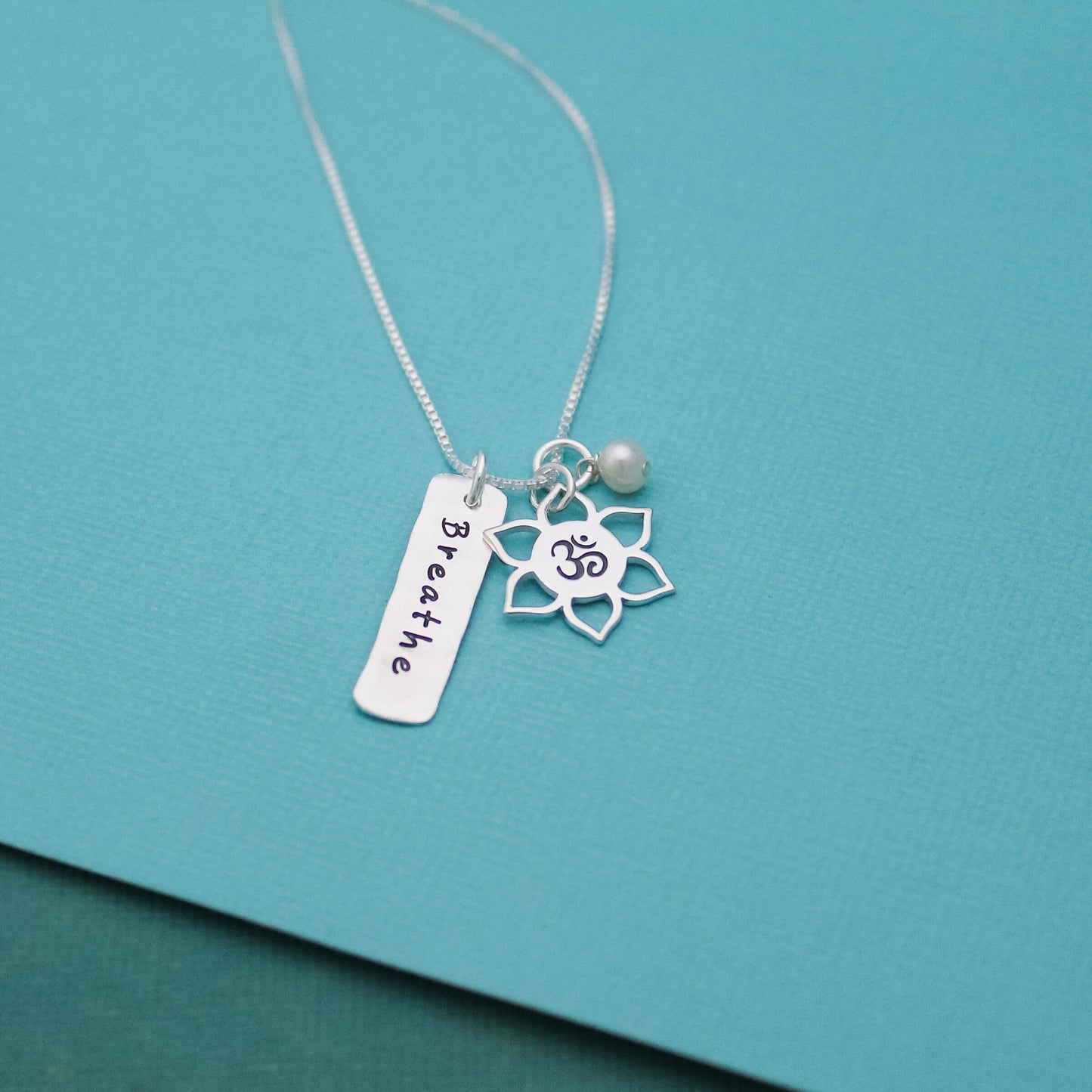 Breathe Necklace, Yoga Jewelry, Lotus Flower Necklace, Ohm Necklace, Yoga Necklace, Sterling Silver Hand Stamped Jewelry