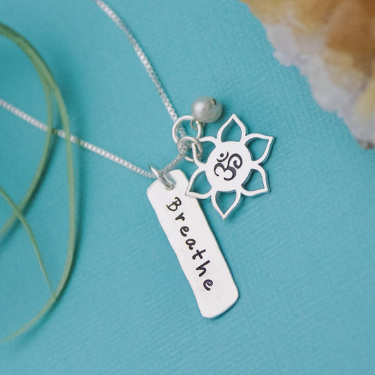 Breathe Necklace, Yoga Jewelry, Lotus Flower Necklace, Ohm Necklace, Yoga Necklace, Sterling Silver Hand Stamped Jewelry