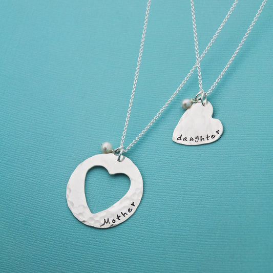 Mother Daughter Necklace Set with Birthstones, Necklace for Mother and Daughter, Mother's Day Gift, Sterling Silver Hand Stamped Jewelry