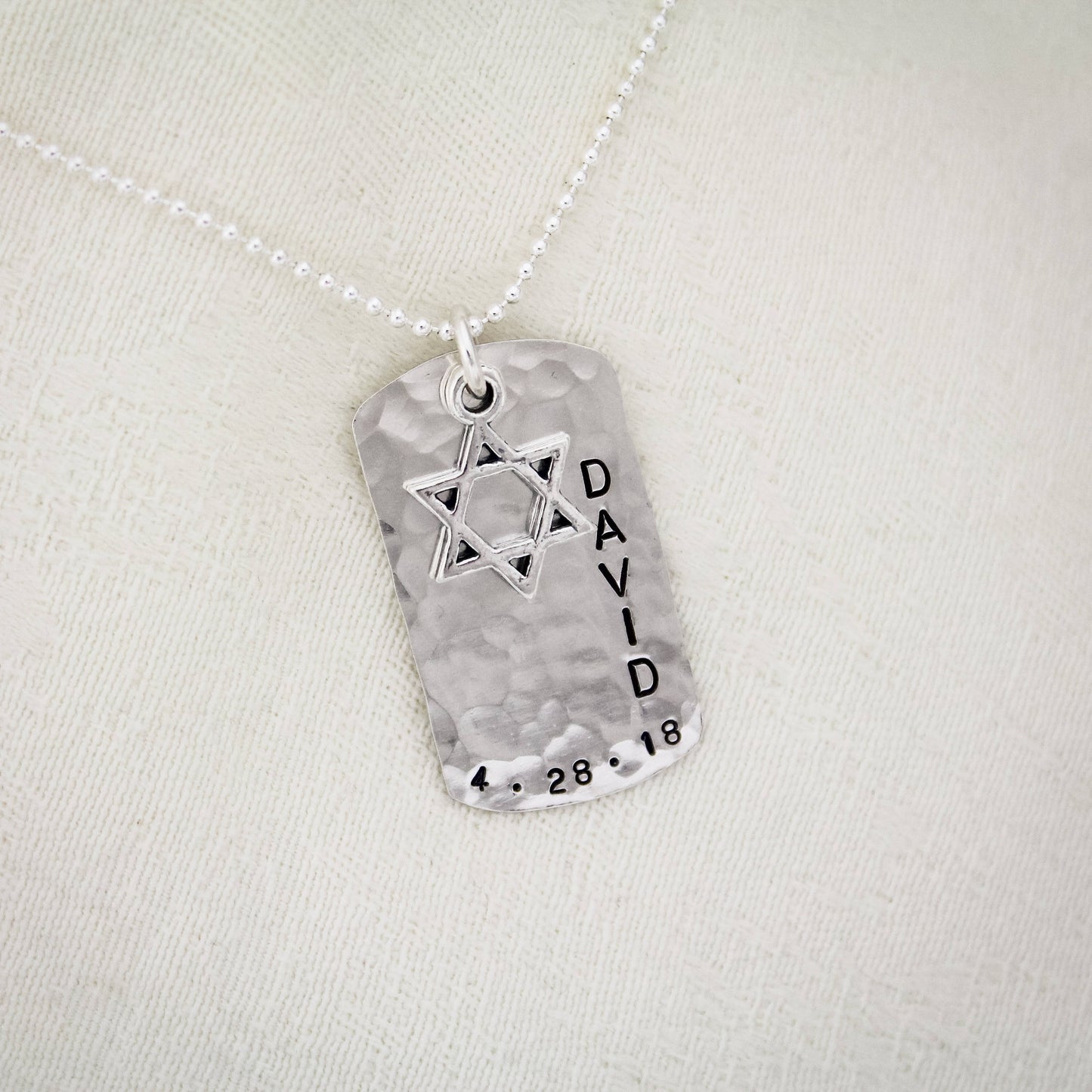 Personalized Boys Bar Mitzvah Necklace Sterling Silver, Personalized Star of David Necklace, Custom Bar Mitzvah Dog Tag Charm, Hand Stamped