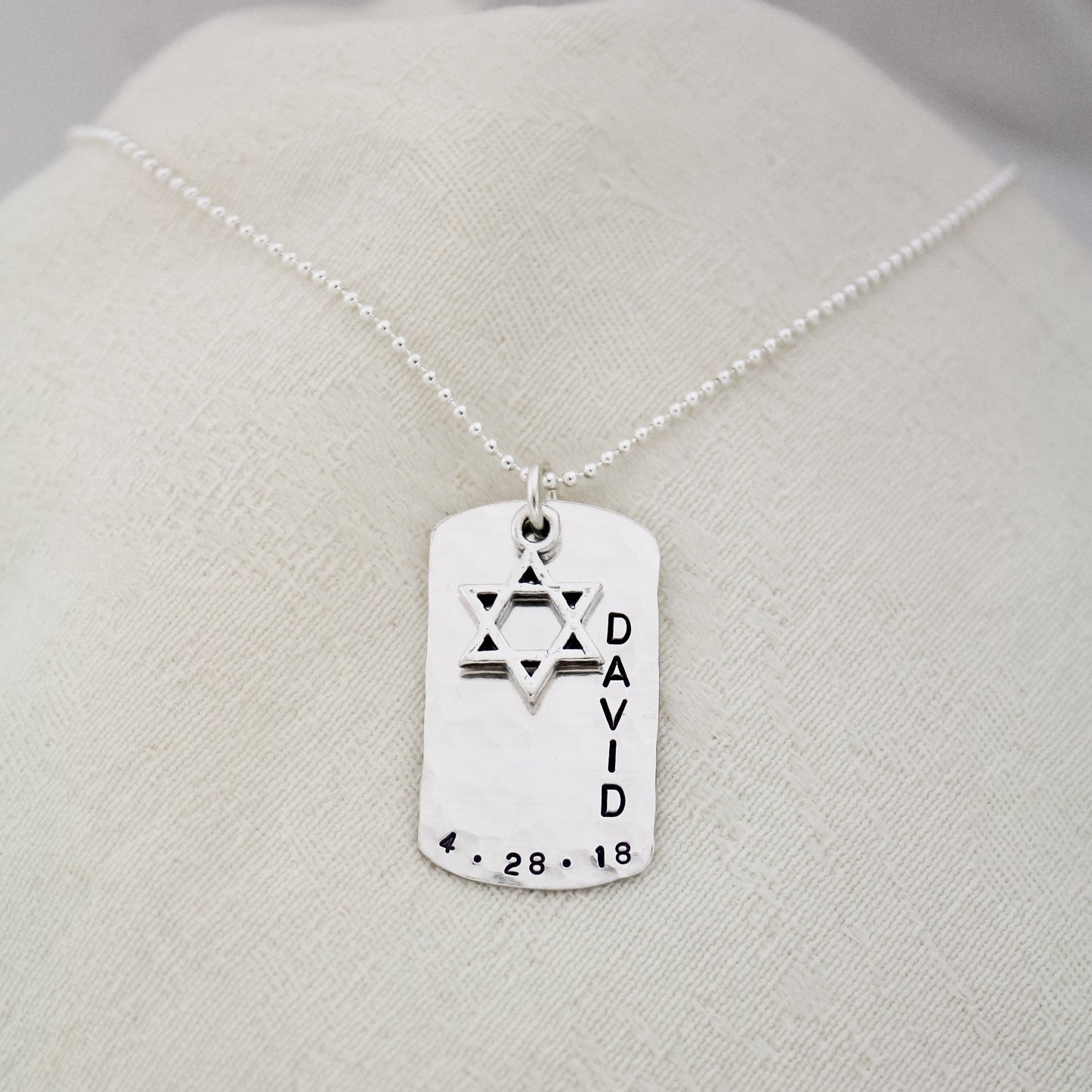 Personalized Boys Bar Mitzvah Necklace Sterling Silver, Personalized Star of David Necklace, Custom Bar Mitzvah Dog Tag Charm, Hand Stamped